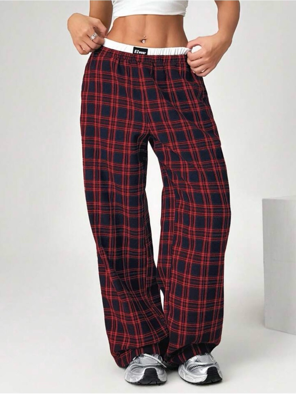 SHEIN EZwear Women's Small Red & Blue Plaid Double Waistband Wide Lounge Pants